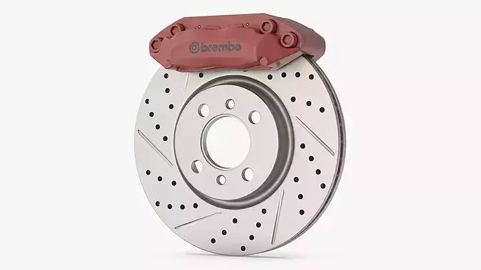 Brembo Drilled Brake Disc and Red Caliper 3D model