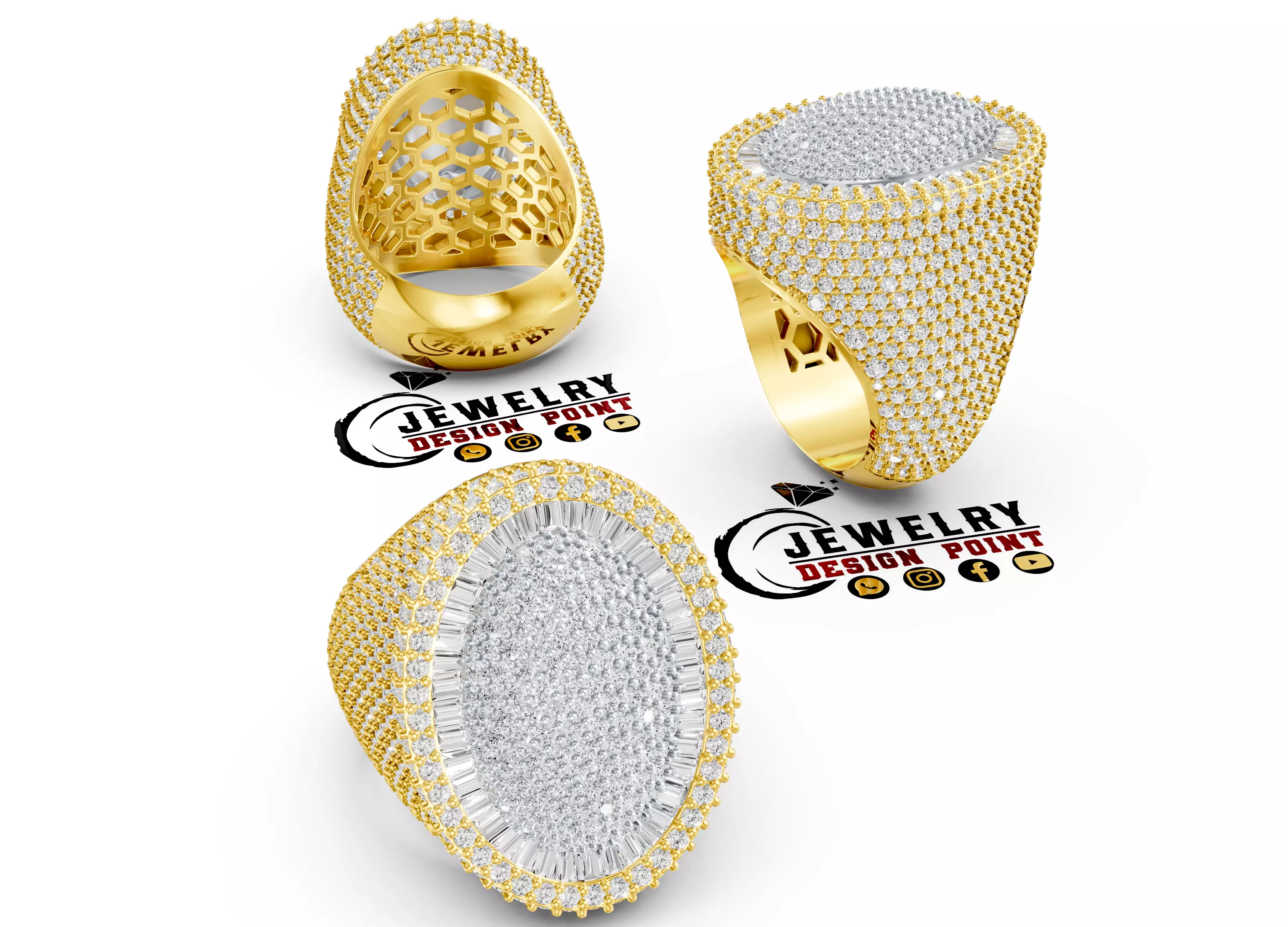 Custom Bubble Oval Champion Diamond Ring - Baguette Design 3D print model