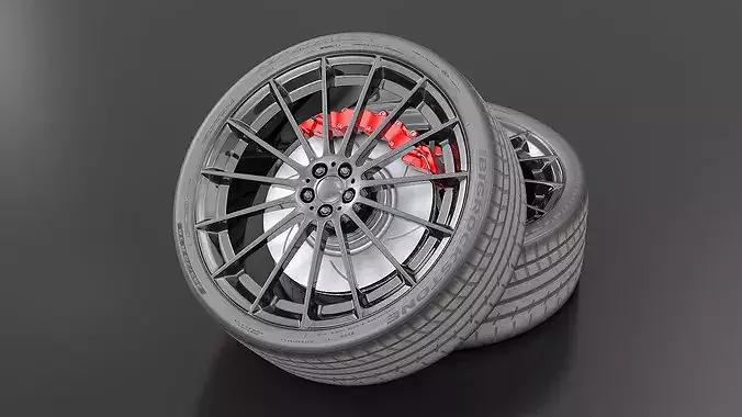 Black Multi-Spoke Wheel with Red Brake Caliper 3D model 5