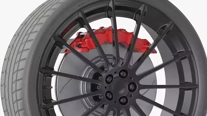 Black Multi-Spoke Wheel with Red Brake Caliper 3D model 7