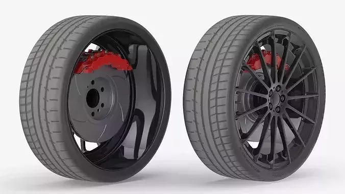 Black Multi-Spoke Wheel with Red Brake Caliper 3D model 6