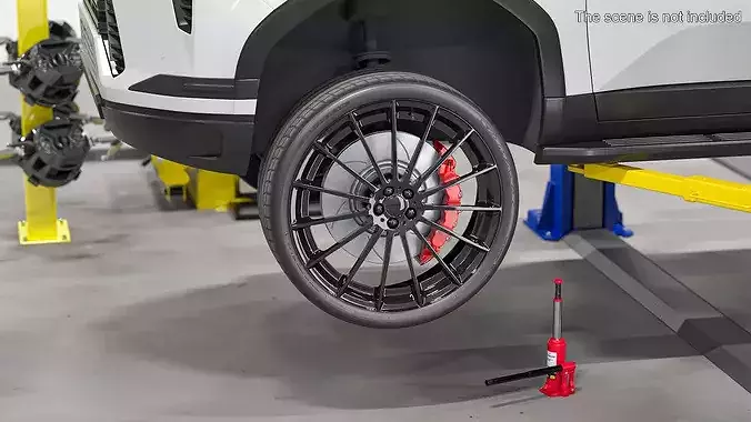 Black Multi-Spoke Wheel with Red Brake Caliper 3D model 2