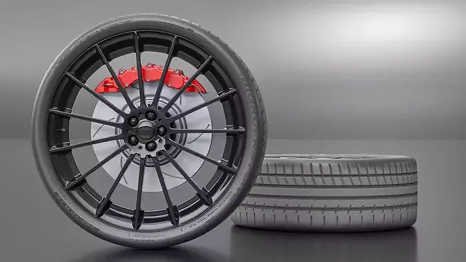 Black Multi-Spoke Wheel with Red Brake Caliper 3D model 4