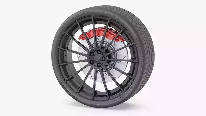 Black Multi-Spoke Wheel with Red Brake Caliper 3D model