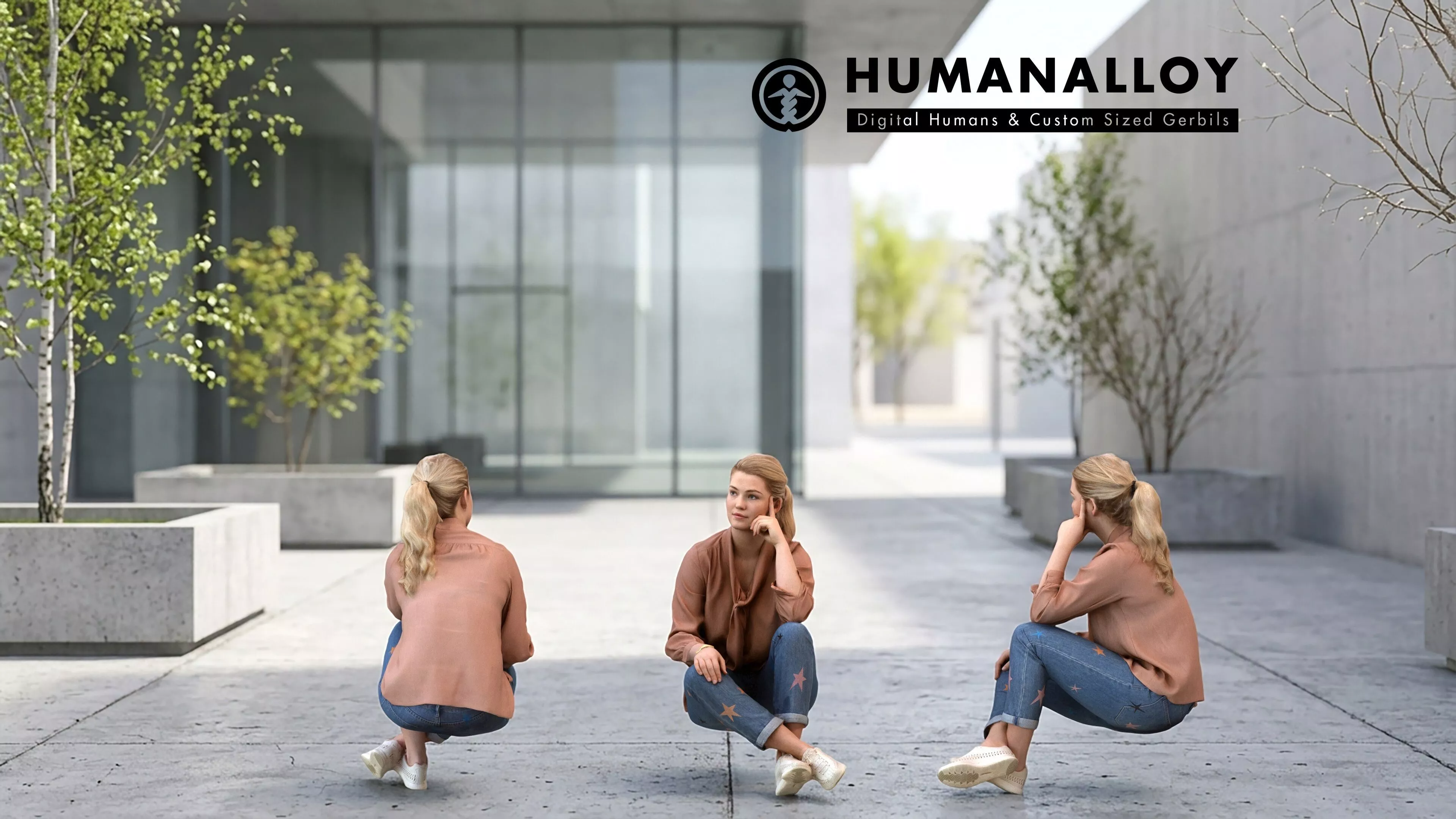 Adult Caucasian woman relaxing in public space wearing 3D model