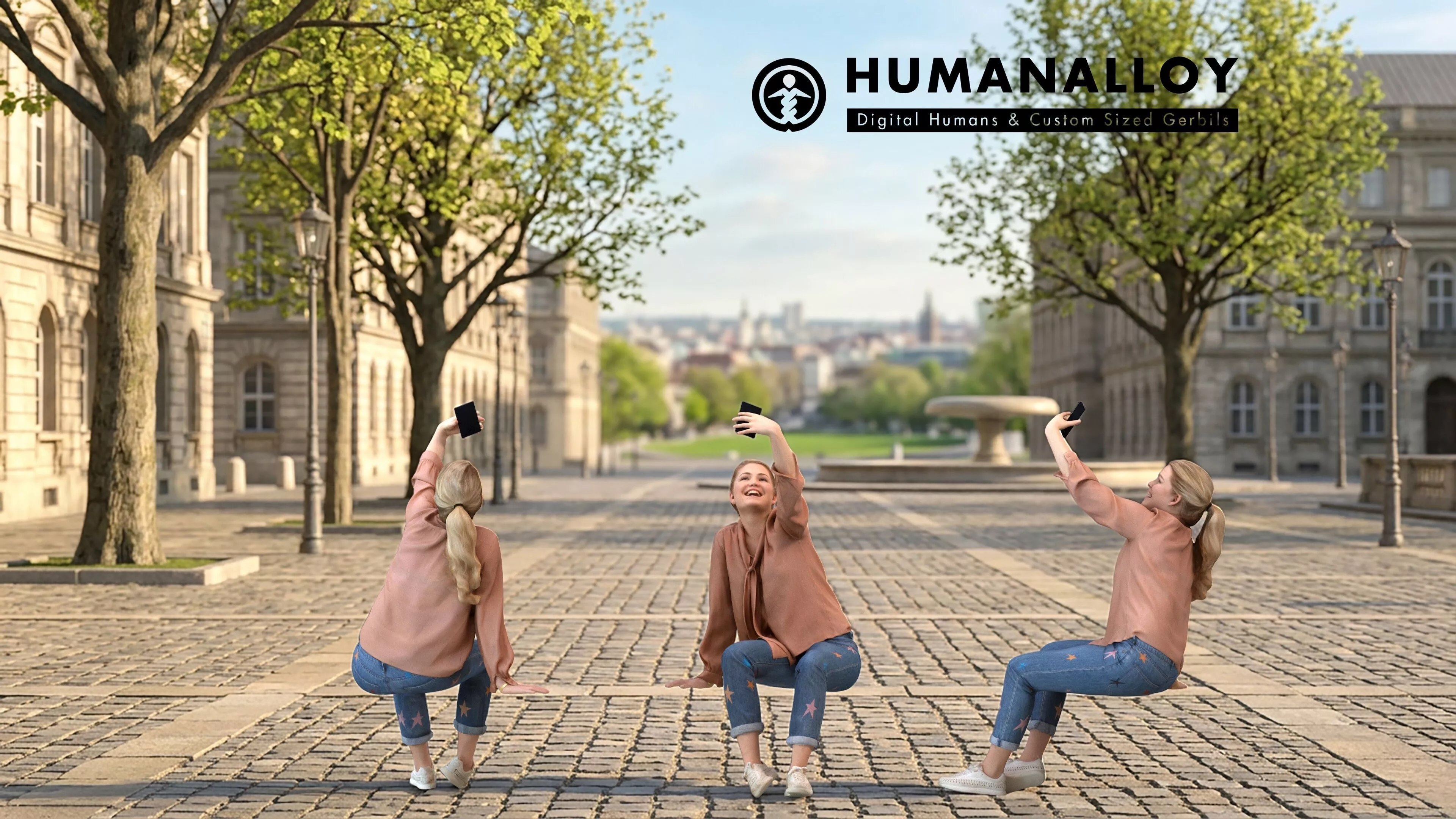 Adult Caucasian woman sitting outdoors taking photo with 3D model