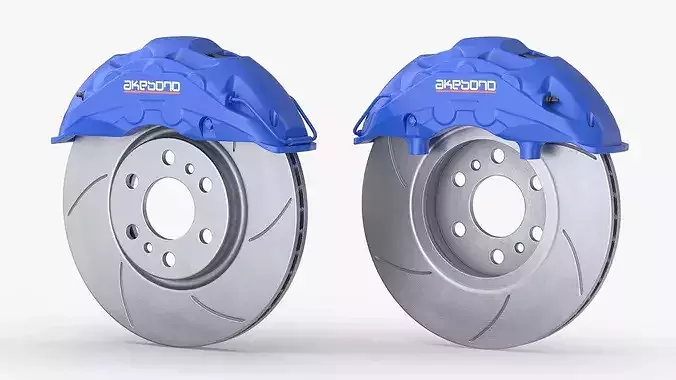 Akebono Slotted Brake Disc and Blue Caliper 3D model 6