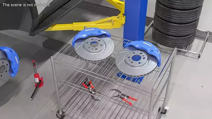 Akebono Slotted Brake Disc and Blue Caliper 3D model 3