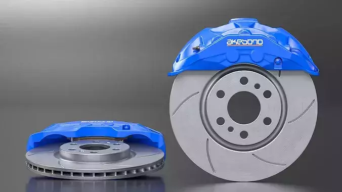 Akebono Slotted Brake Disc and Blue Caliper 3D model 4