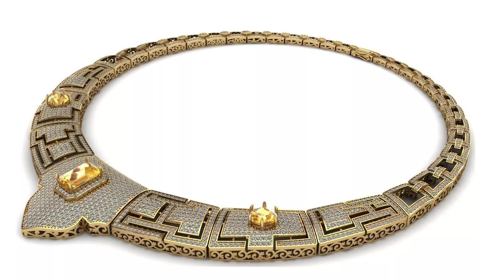 Gold Diamond Geometric Bib Necklace with Citrine Accents Low-poly 3D model