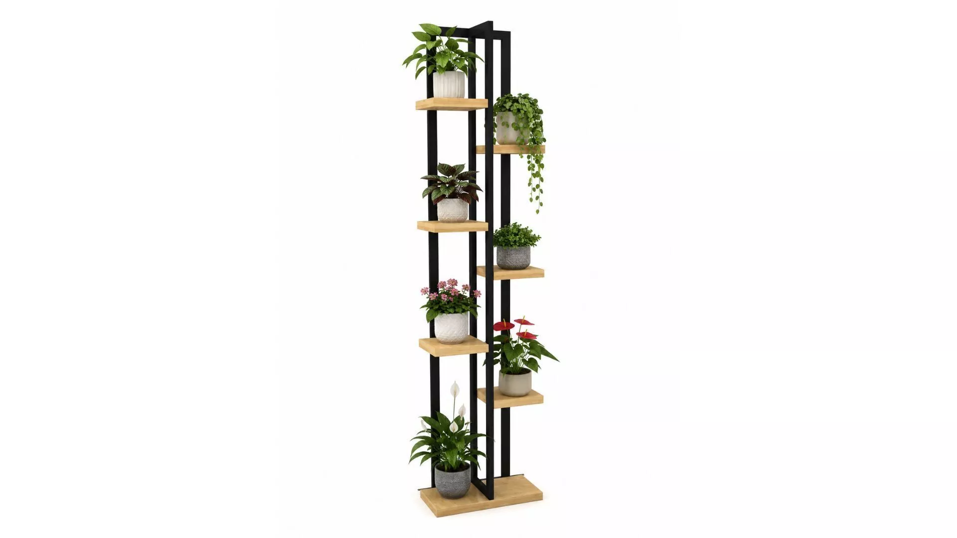 Loft Style Metal Bookshelf with Oak Wood Shelves 3D model