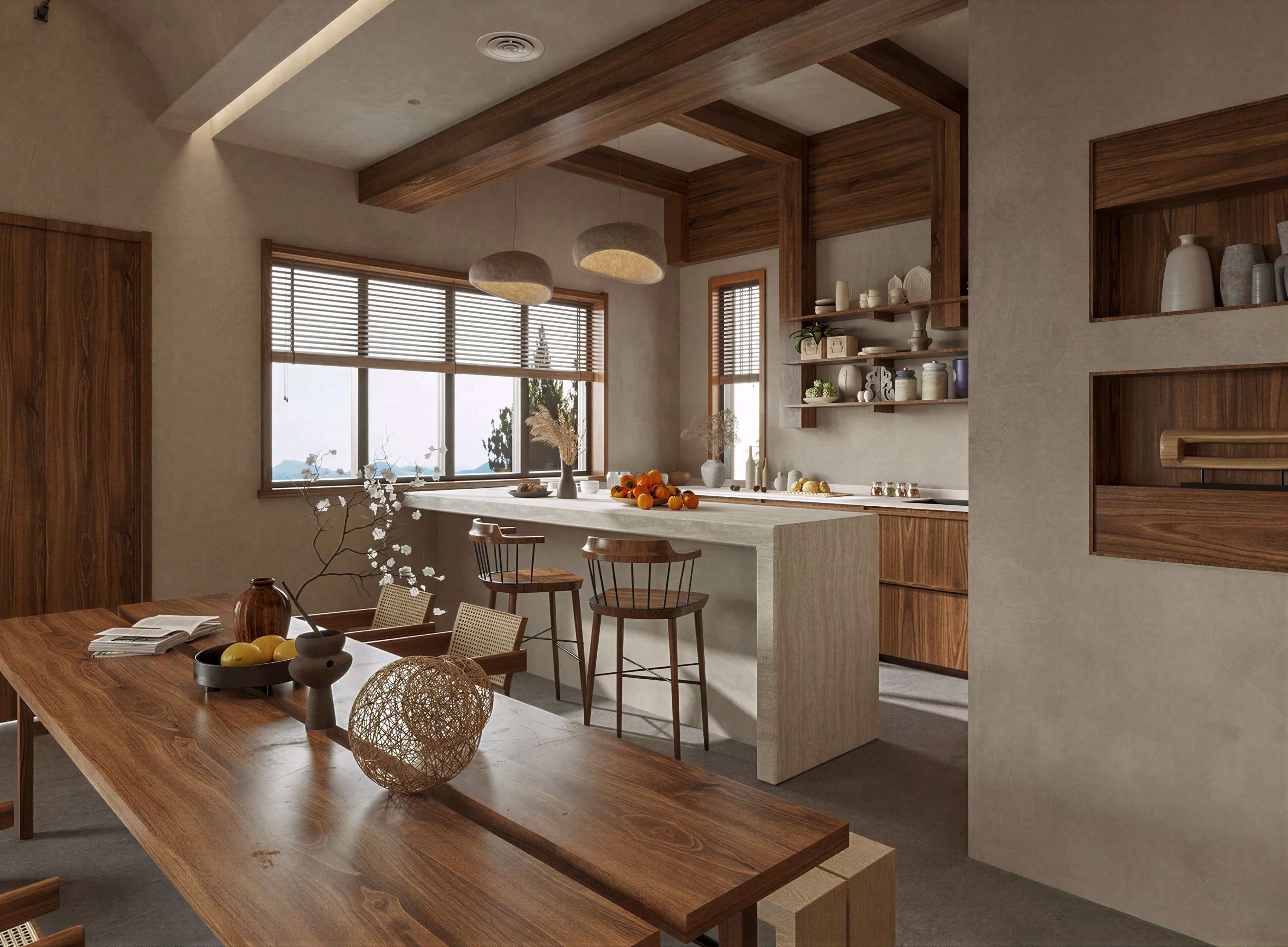 Wabi Sabi Solid Wood Open Kitchen Dining Interior 3D model