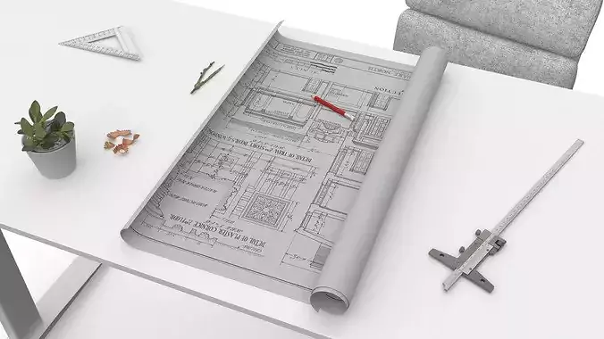 Architect Workspace with Blueprints and Tools 3D model 7