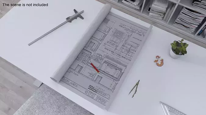 Architect Workspace with Blueprints and Tools 3D model 4