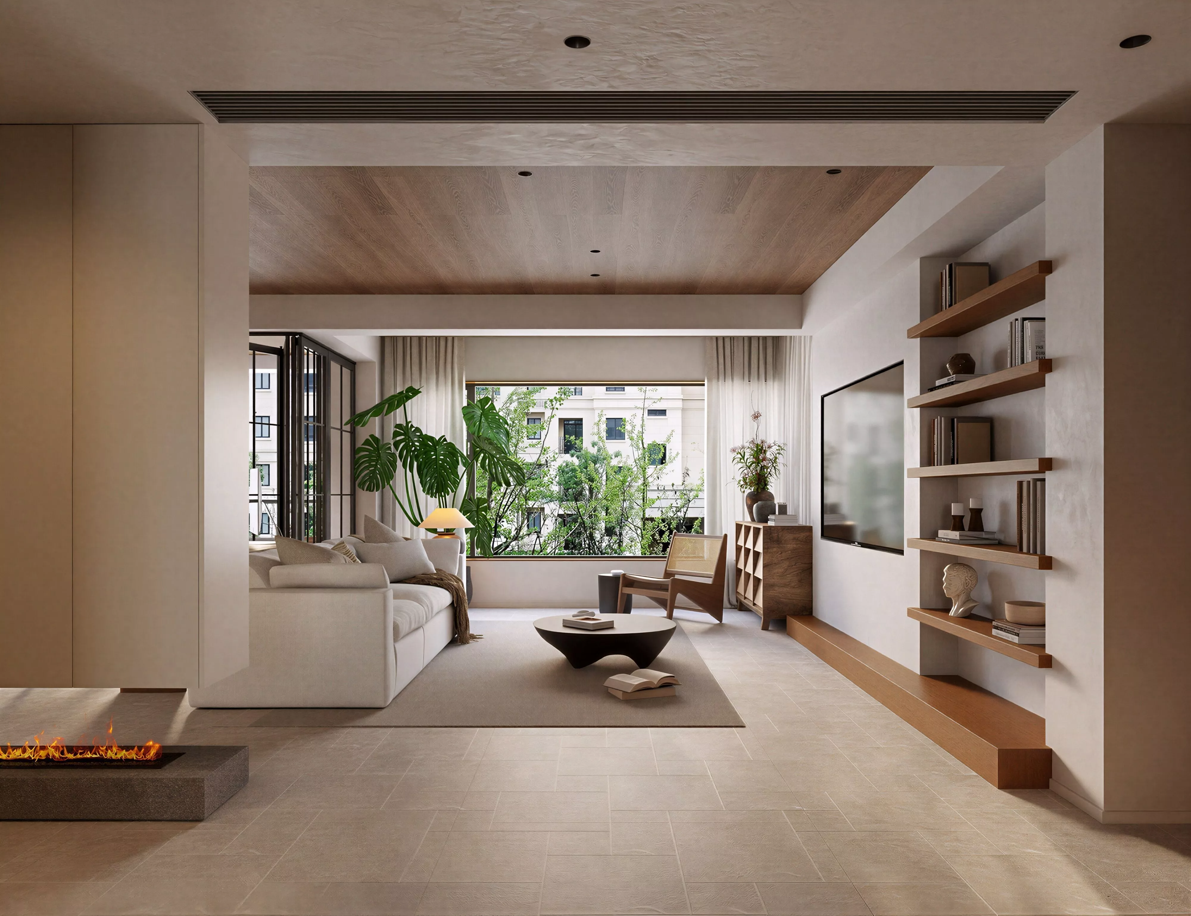 Mid Century Walnut Wood Warm Residential Living Dining Interior 3D model