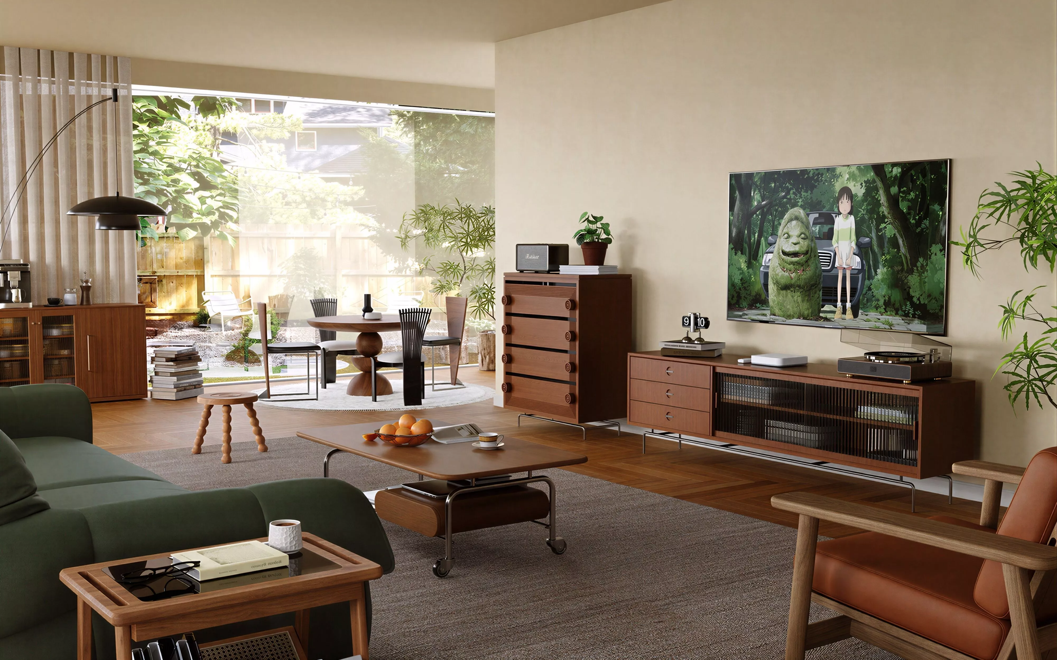 Mid Century Walnut Wood Warm Residential Living Dining Interior 3D model
