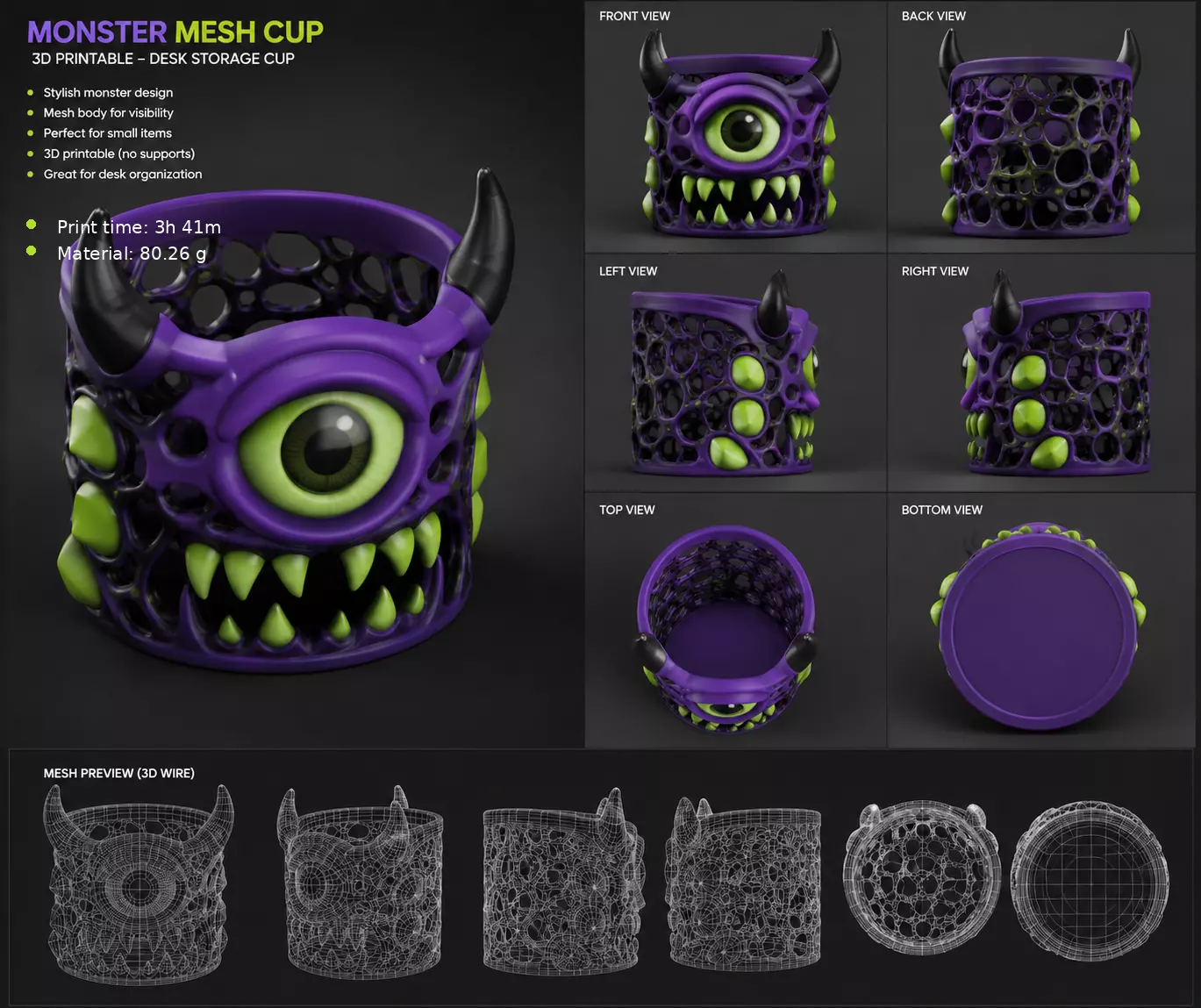 Monster Printable Desk Storage Cup 3D print model