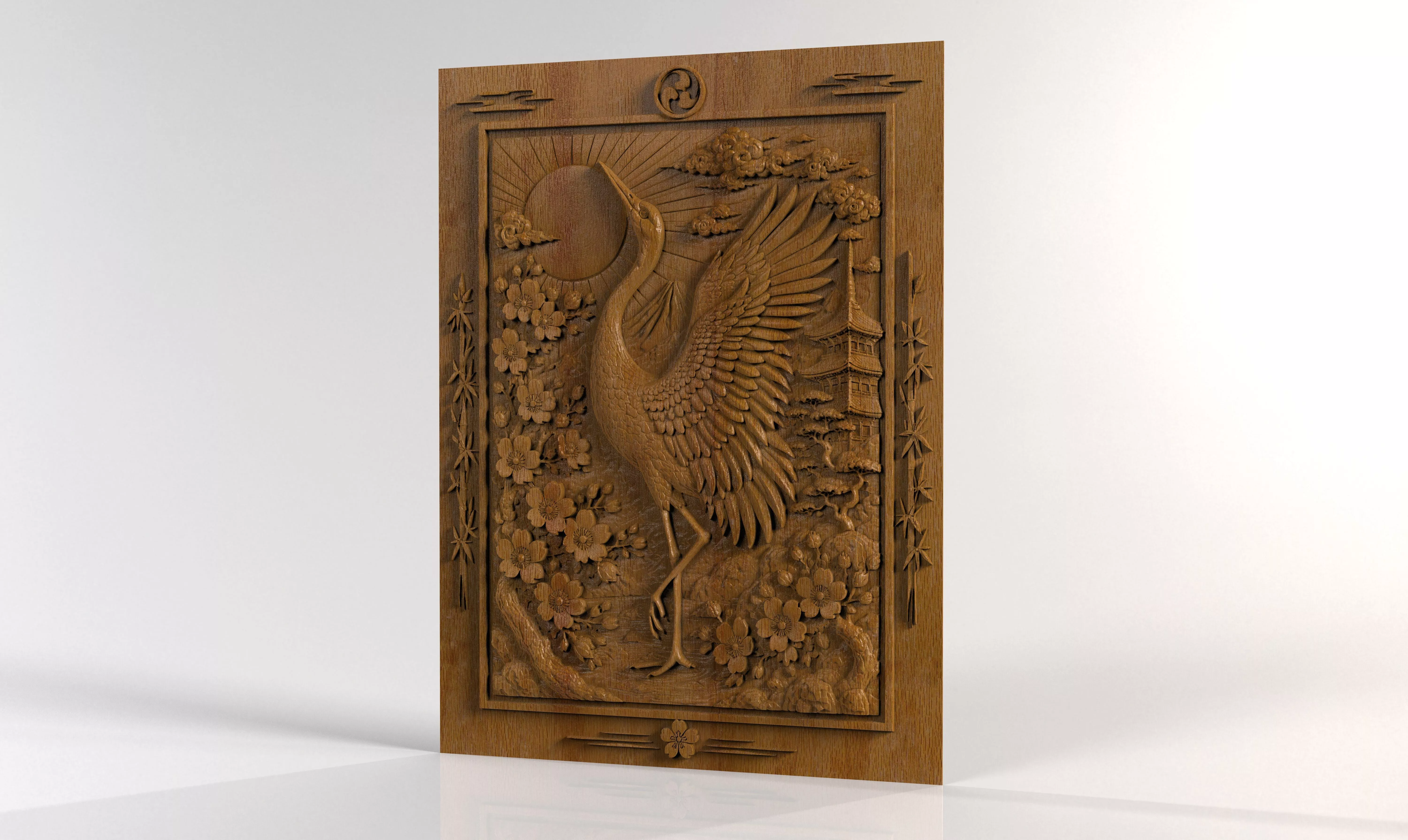 Tsuru Crane with Mount Fuji and Pagoda CNC Relief for Wood 3D print model