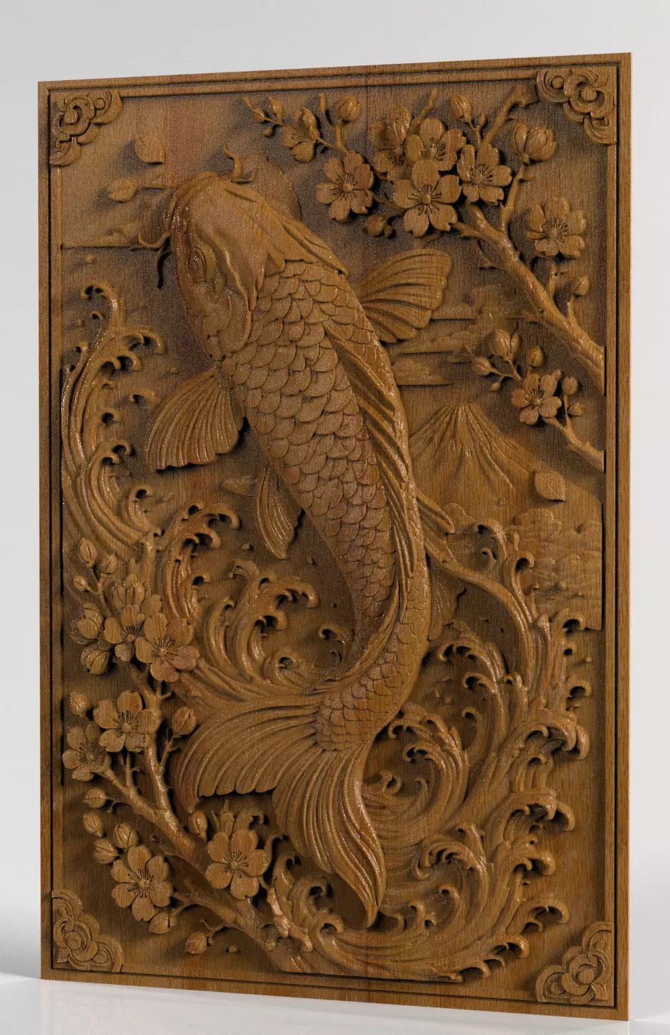Japan Koi Carp with Sakura and Mount Fuji CNC Relief for Wood 3D print model