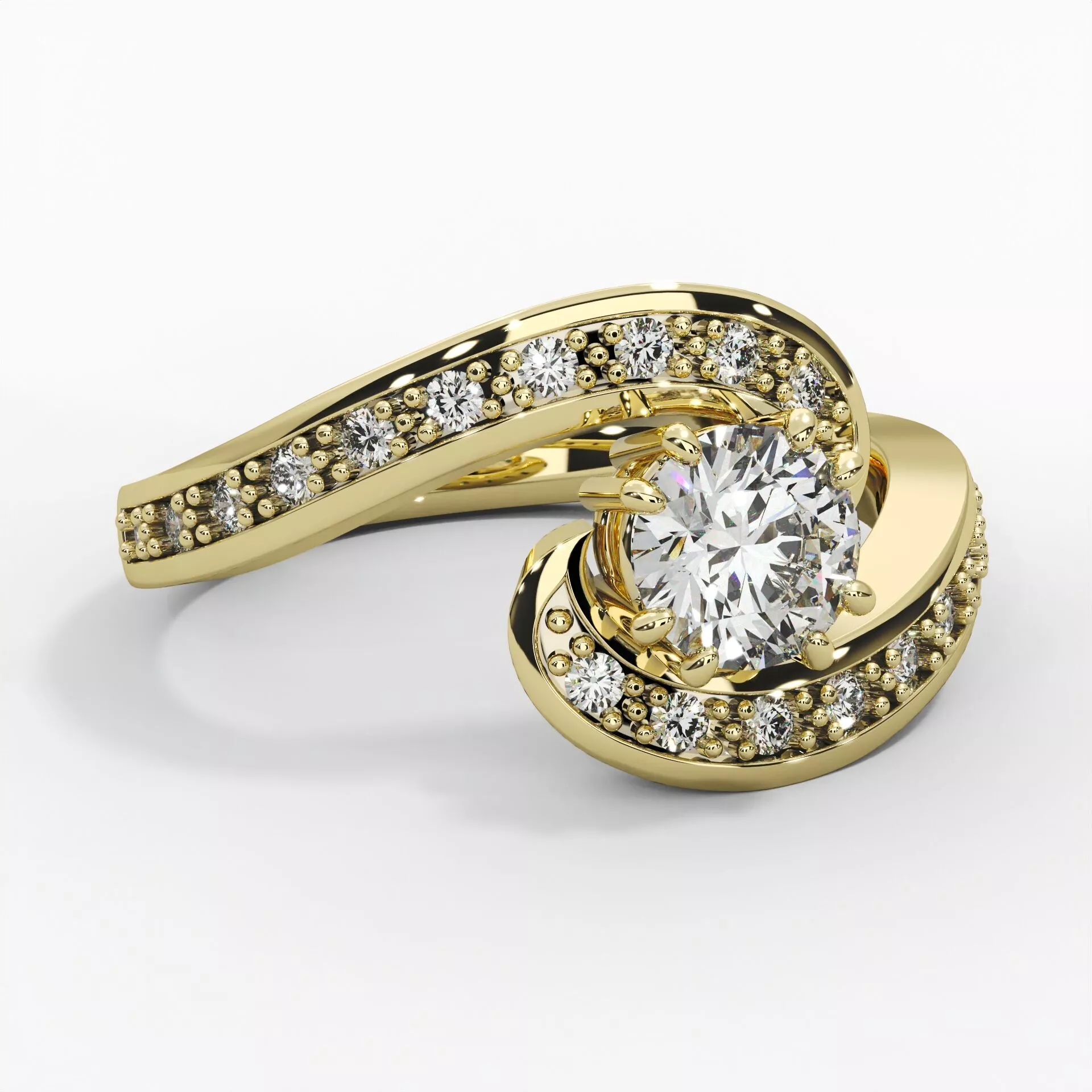 Round Diamond Bypass Twist Ring Yellow Gold Pave Luxury 3D 3D model