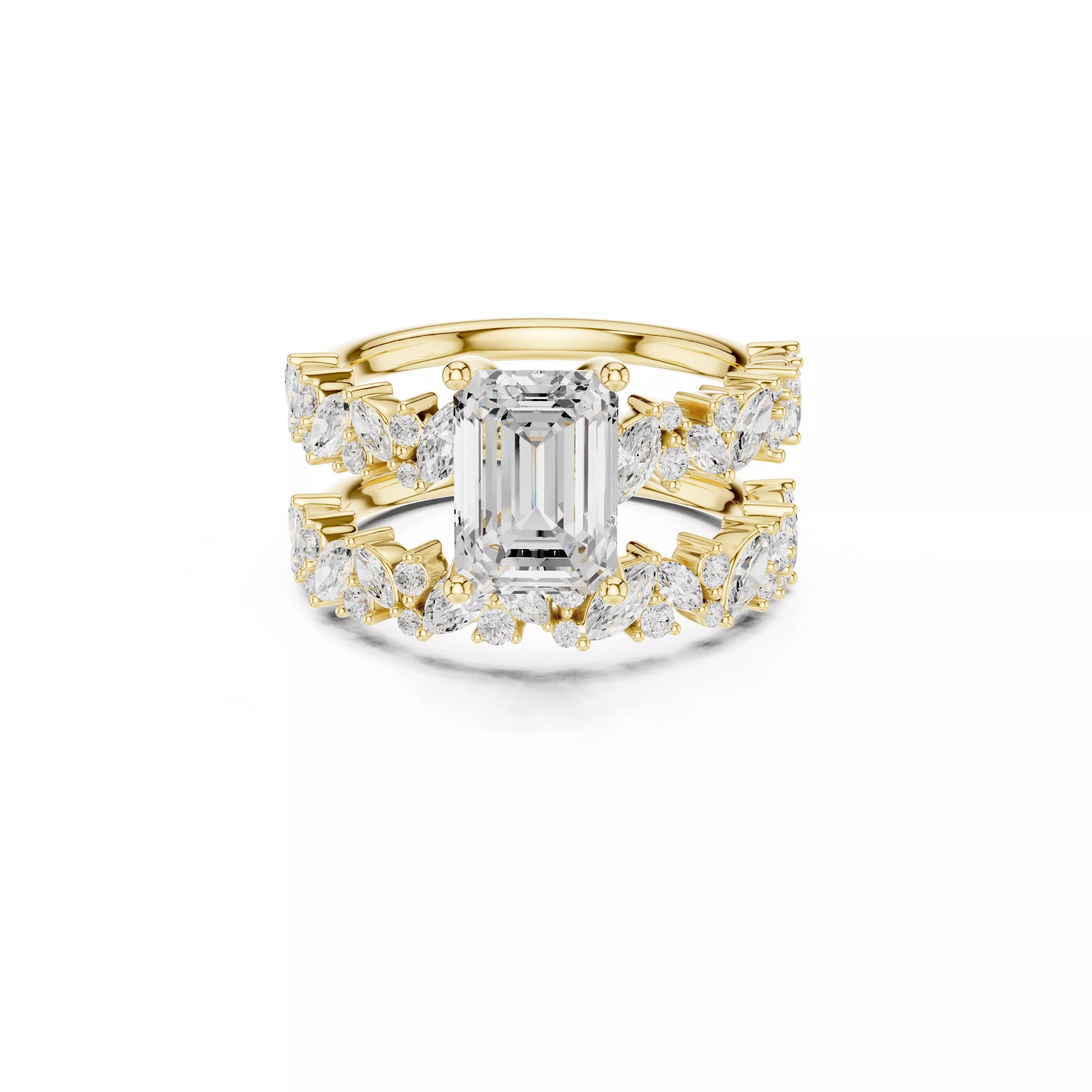 Emerald Cut Diamond Bridal Ring Set STL 3DM CAD 3D print model