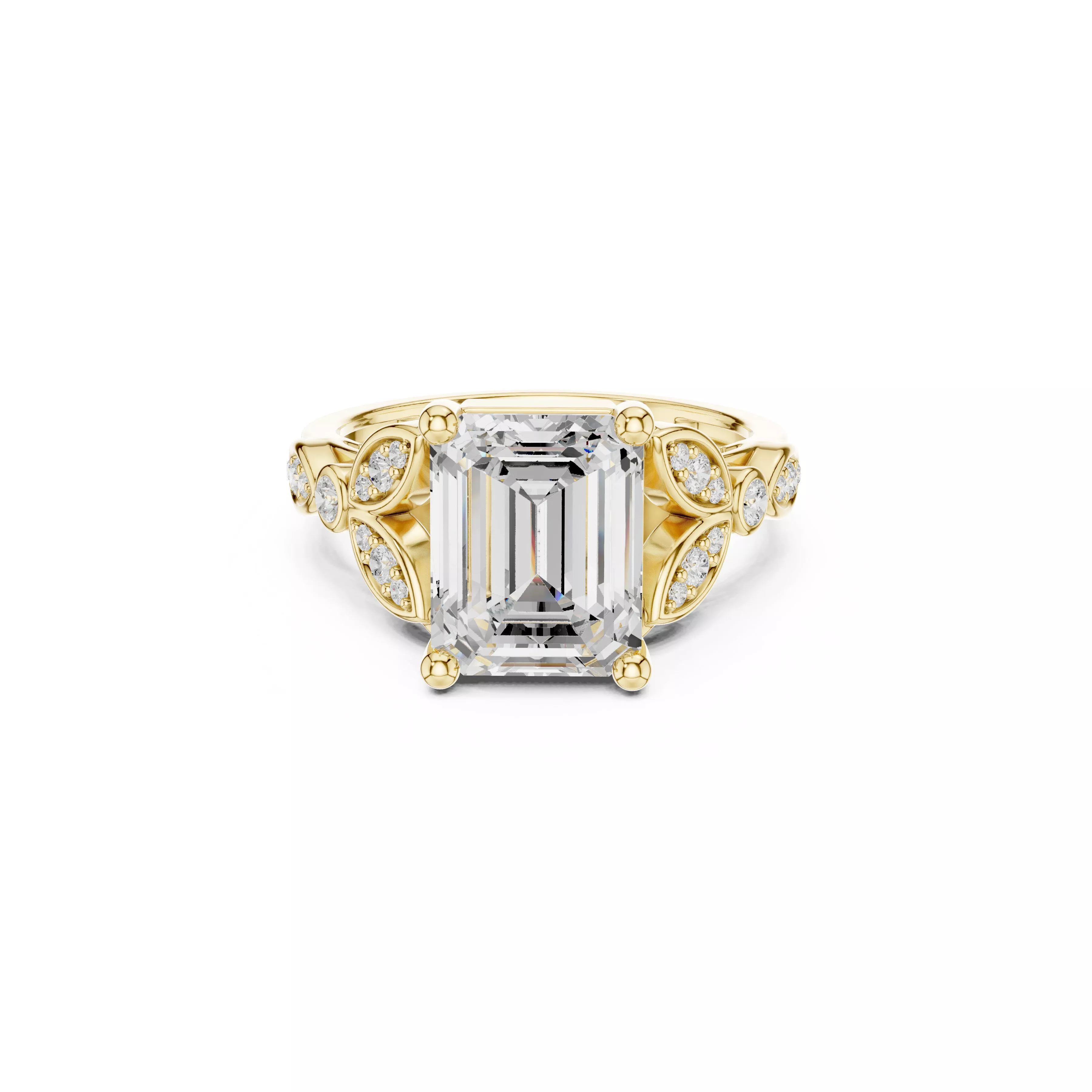 Emerald Center Side Stone Ring Floral Diamonds Ring CAD 3D print model