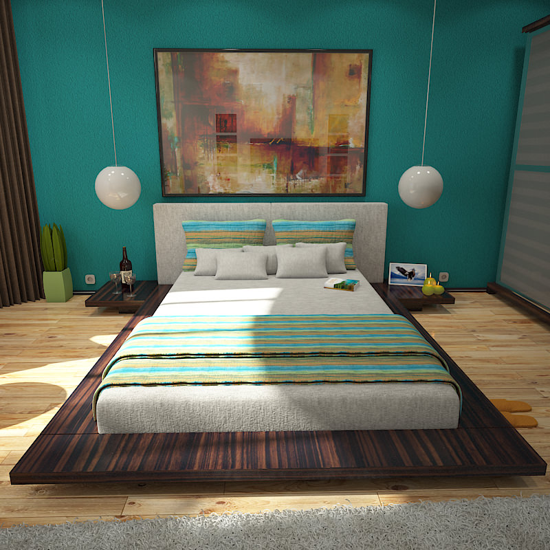 Bedroom modern with teal walls 3D model_5