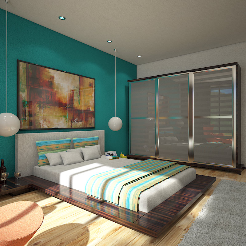 Bedroom modern with teal walls 3D model_1
