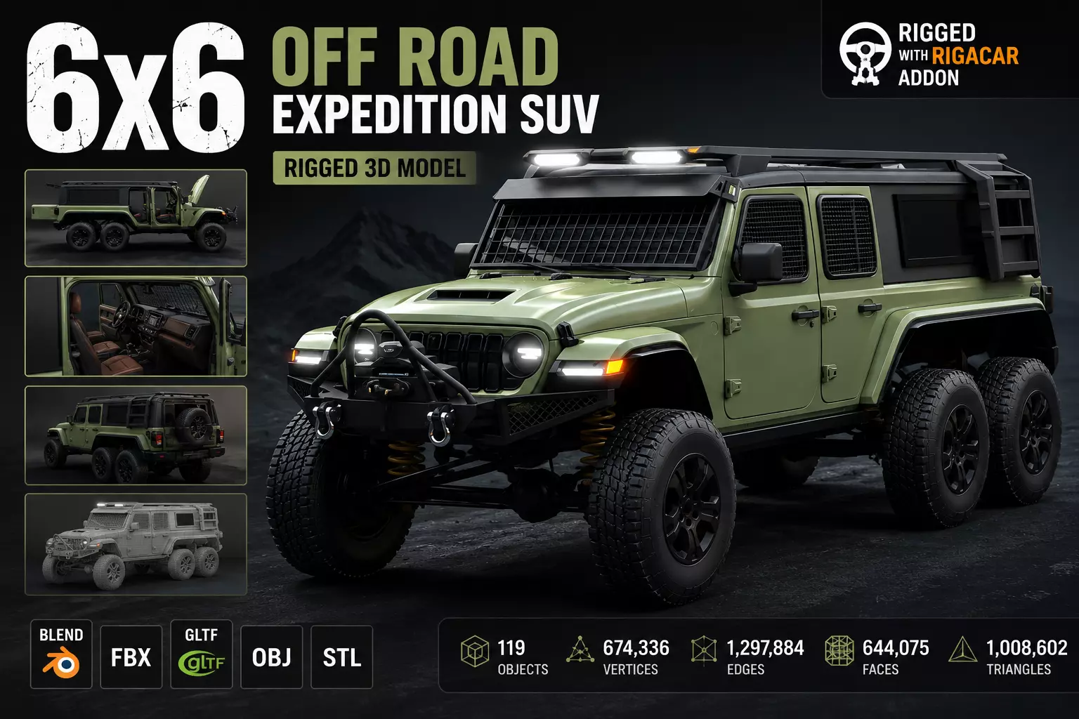 Heavy Duty 6x6 Expedition Truck 3D Model Game Ready Rigged Low-poly 3D model