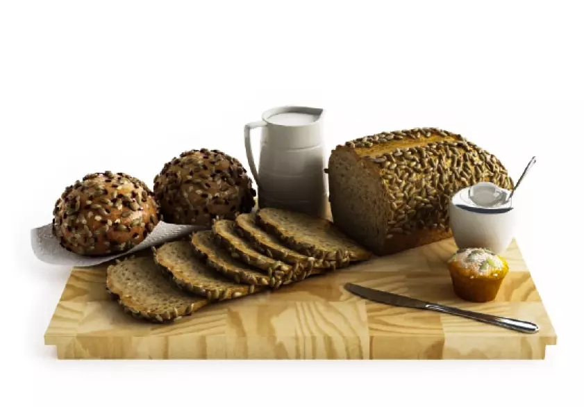 Bakery Breakfast Set Bread Rolls and Serving Board Low-poly 3D model