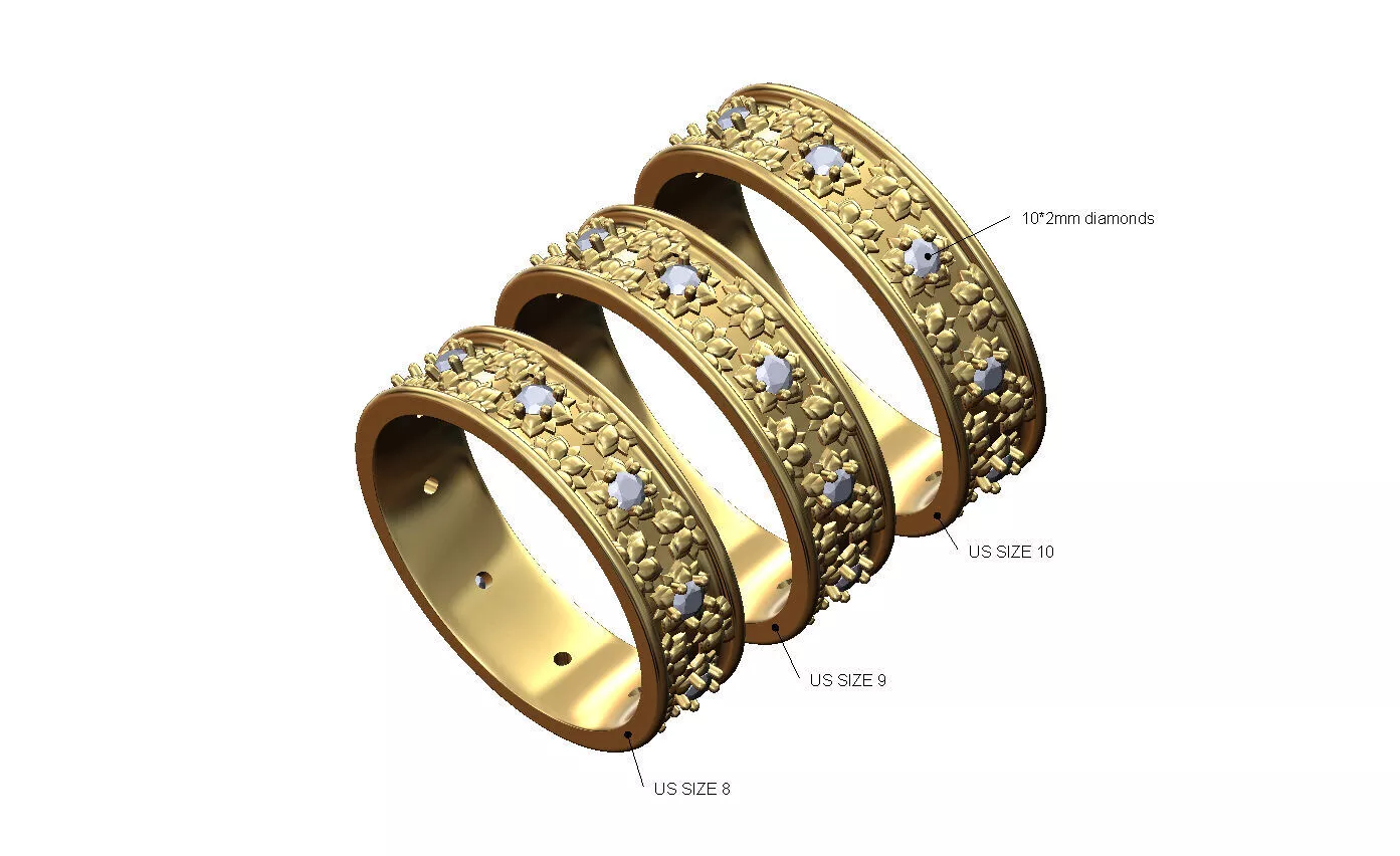 Diamond and rose pattern eternity band US sizes 7 8 9 3D print model