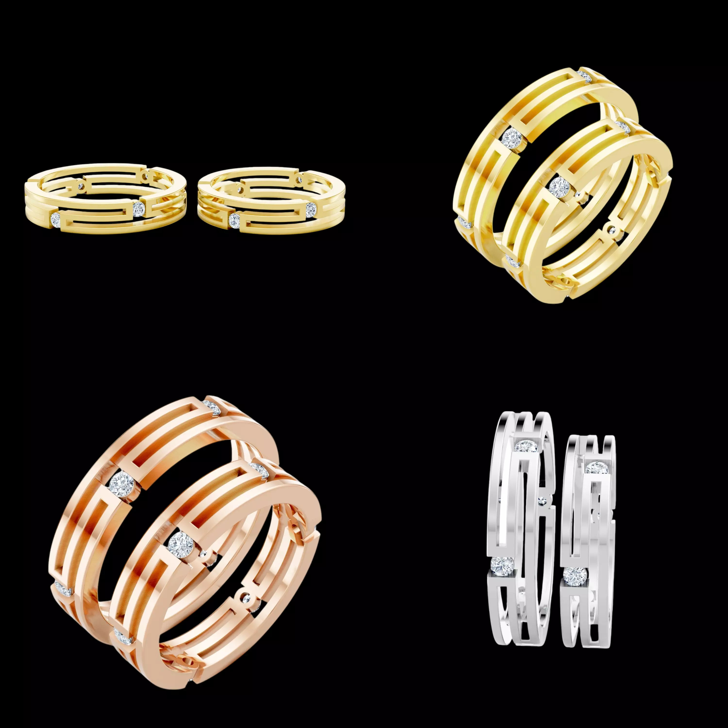 Modern Openwork Couple Ring CAD STL 3DM Diamond Wedding Bands 3D print model