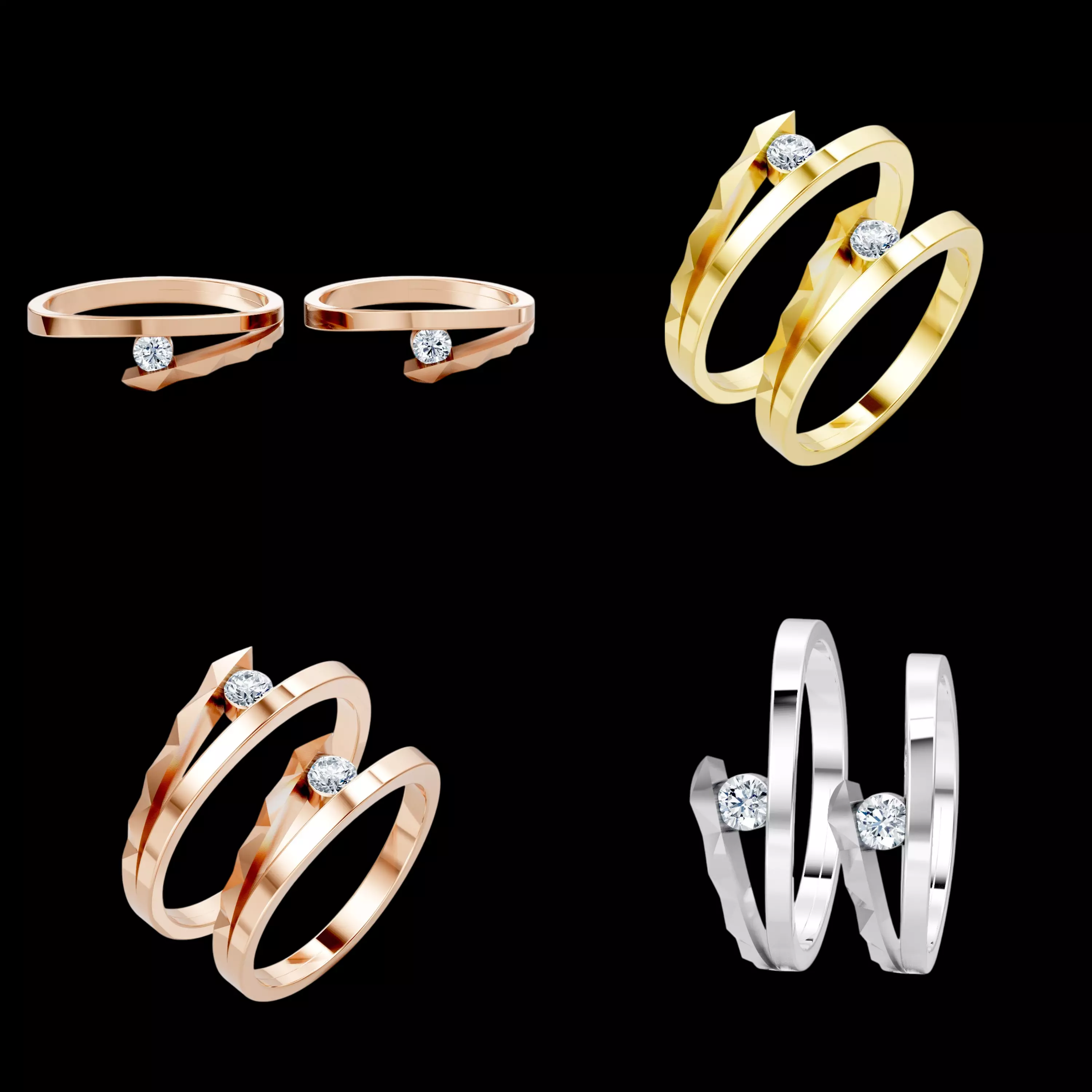 Minimalist Couple Ring CAD STL 3DM Floating Diamond Wedding Band 3D print model