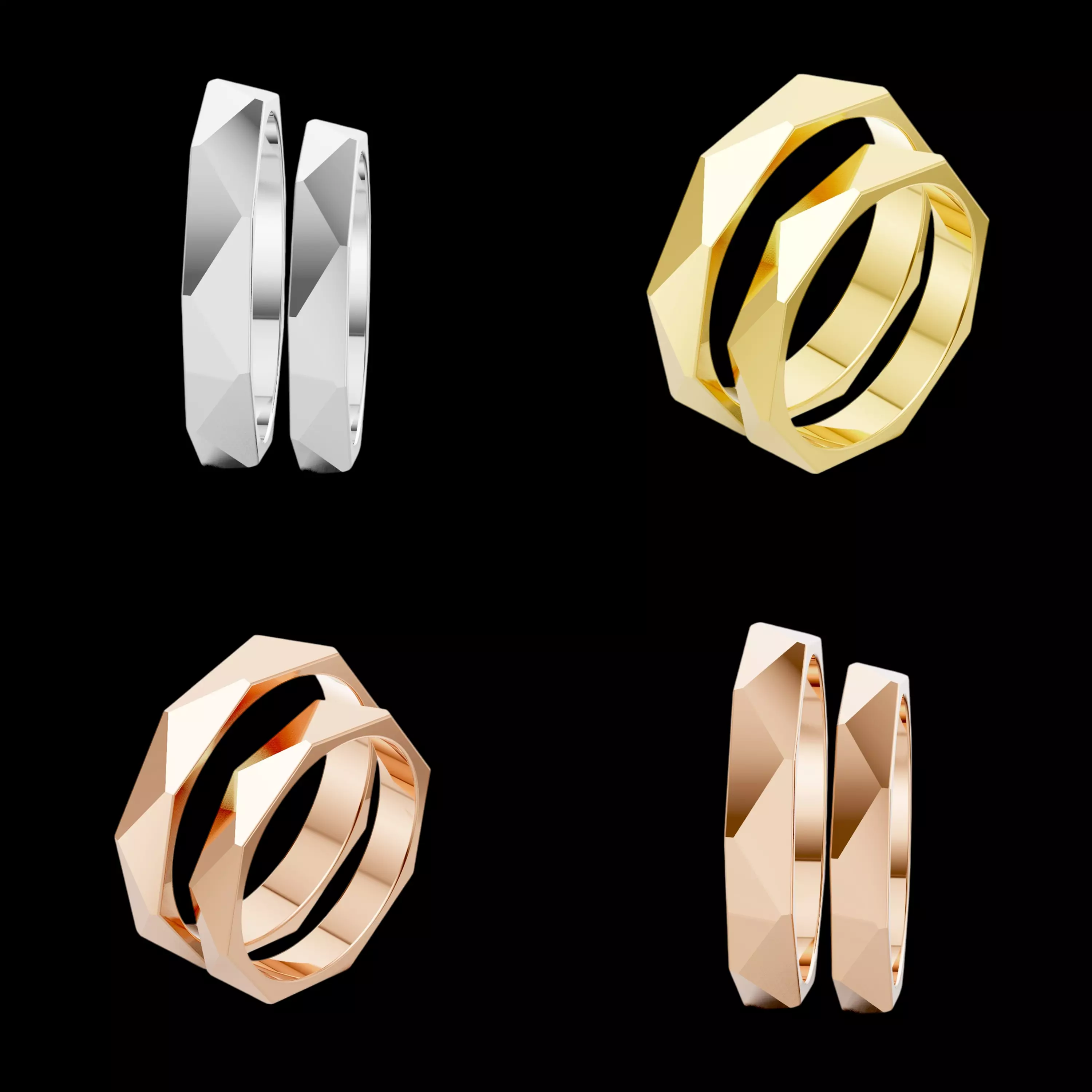 Geometric Faceted Wedding Band CAD STL 3DM Couple Ring Design 3D print model