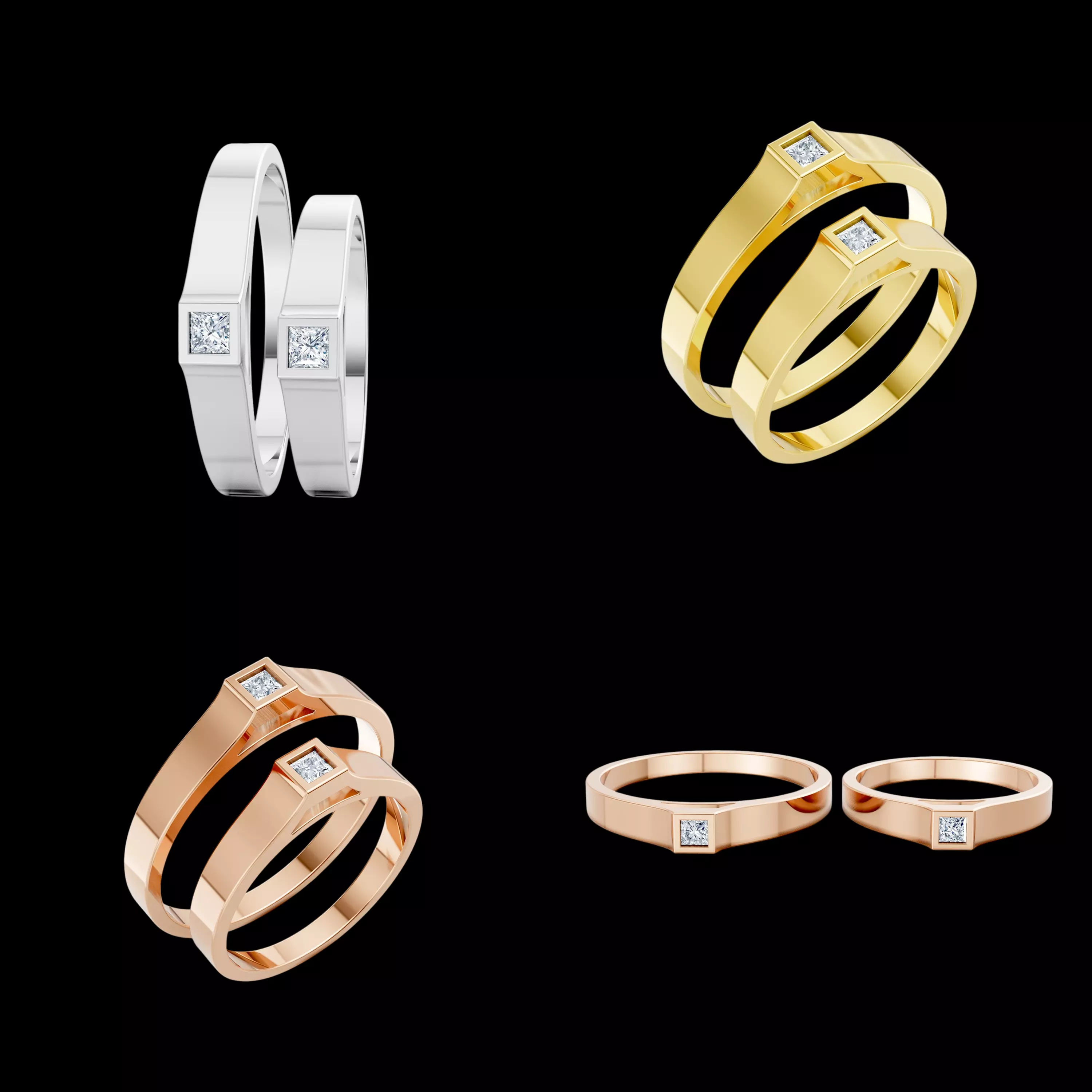 Princess Diamond Wedding Ring CAD STL 3DM Couple Ring Design Set 3D print model