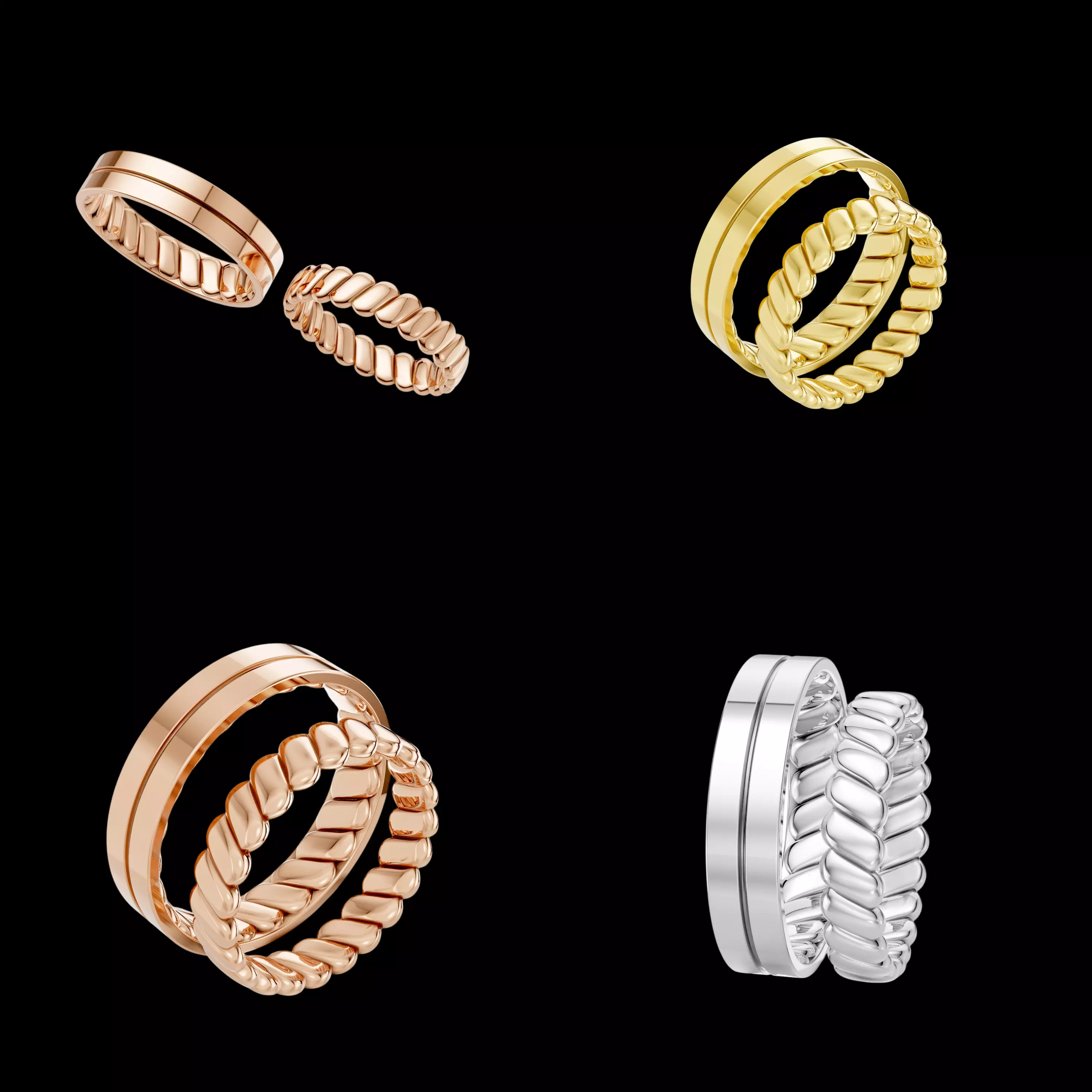 Matching Wedding Ring Set CAD STL 3DM Rope Band Couple Design 3D print model