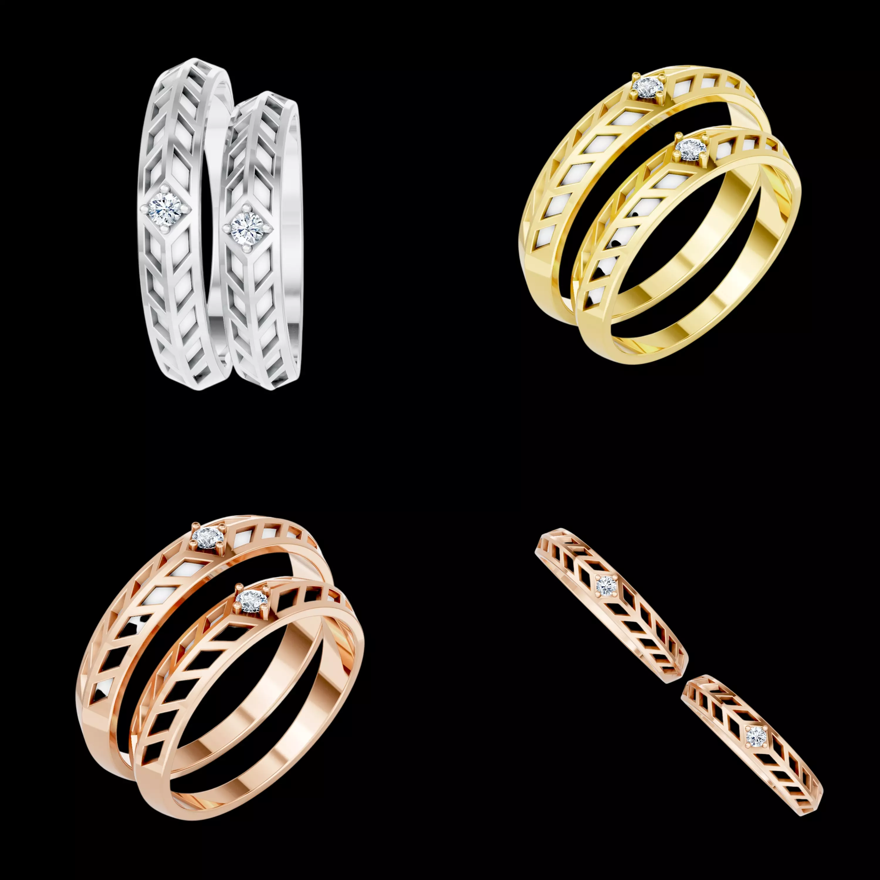 Leaf Pattern Wedding Ring CAD STL 3DM Couple Band Diamond Set 3D print model