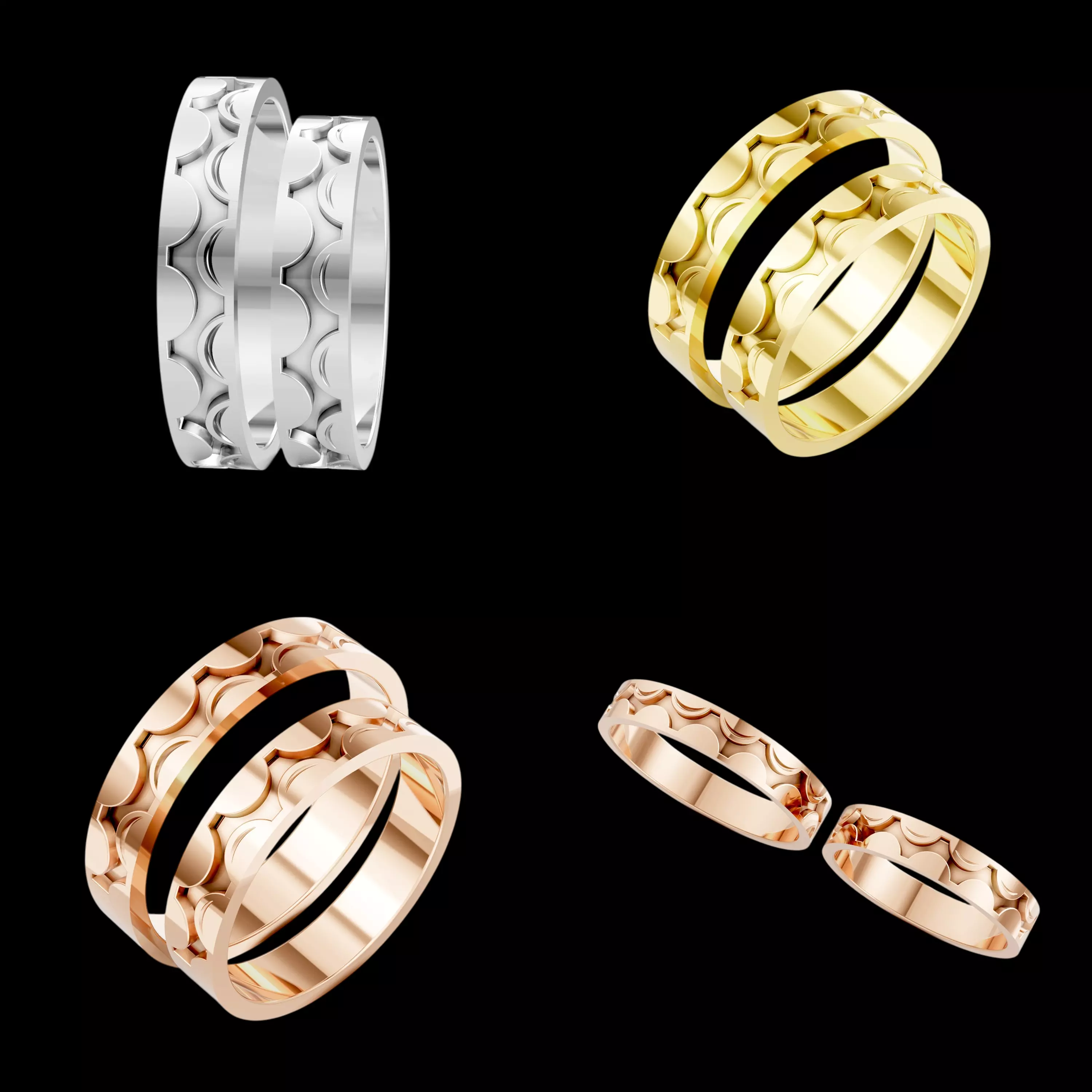 Scallop Pattern Wedding Ring CAD STL 3DM Couple Band Jewelry Set 3D print model
