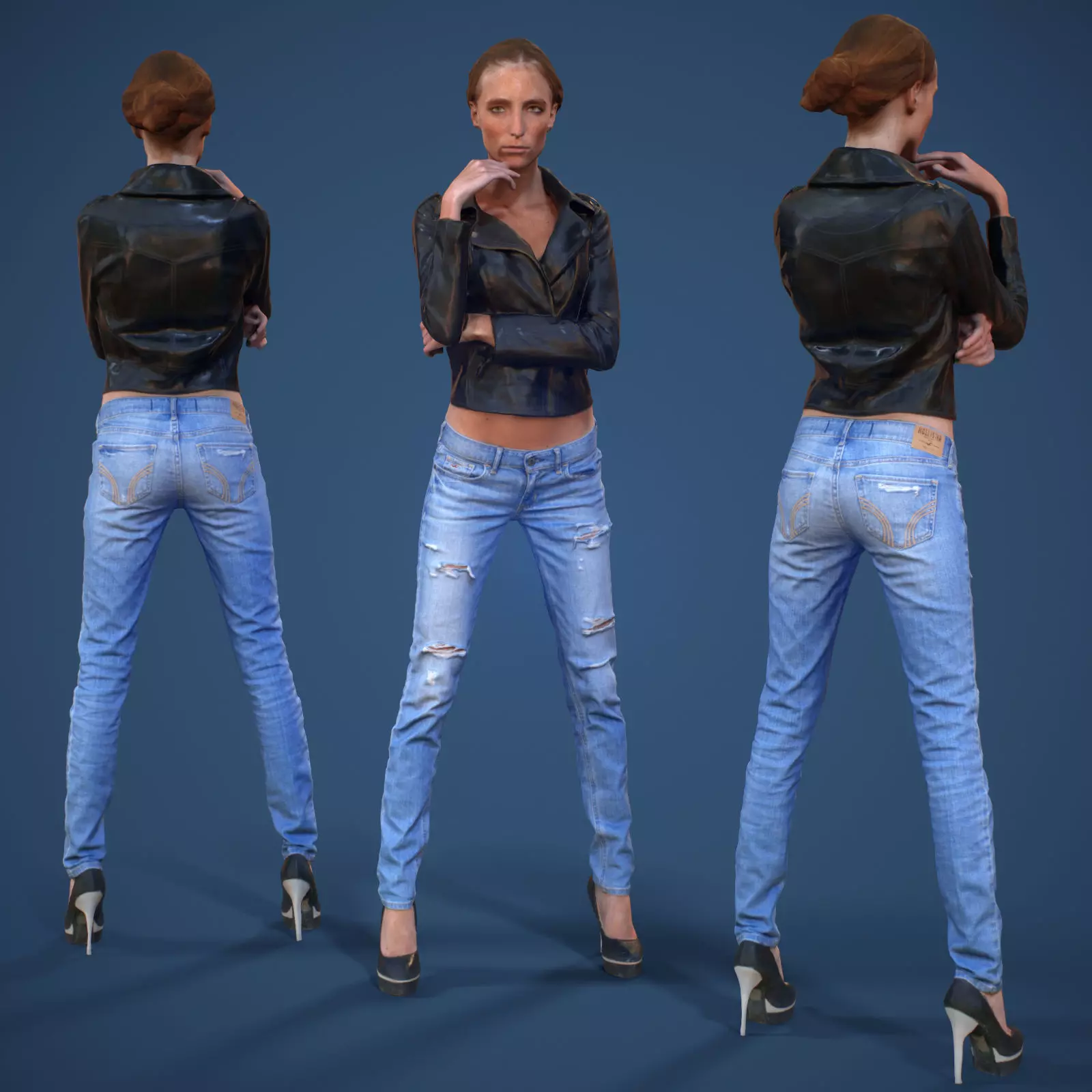 Girl in Ripped Jeans Leather Jacket and Heels Low-poly 3D model