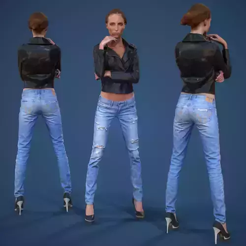 Girl in Ripped Jeans Leather Jacket and Heels