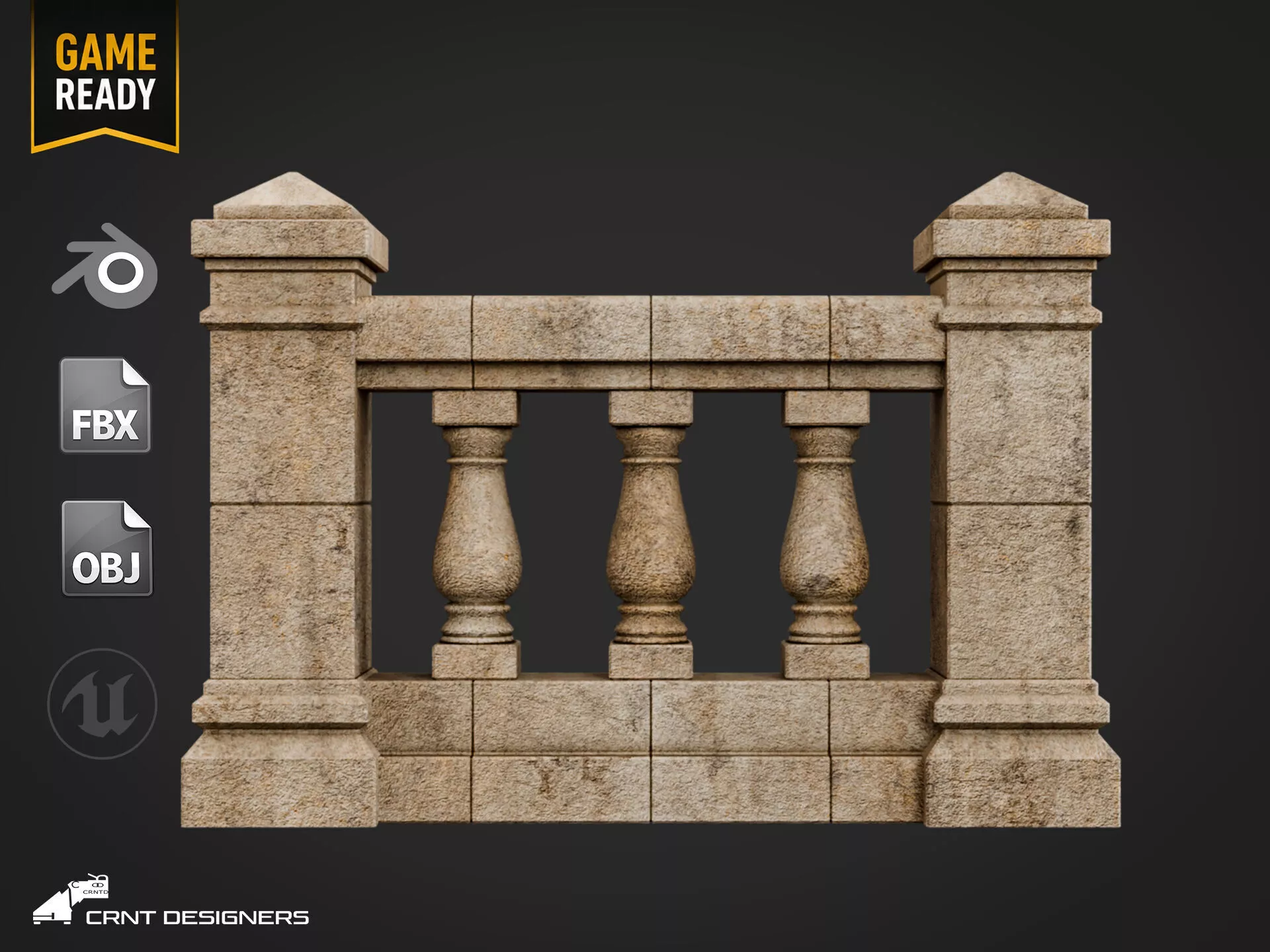 Gothic Stone Balustrade Railing - UE4 And UE5 Optimized Low-poly 3D model
