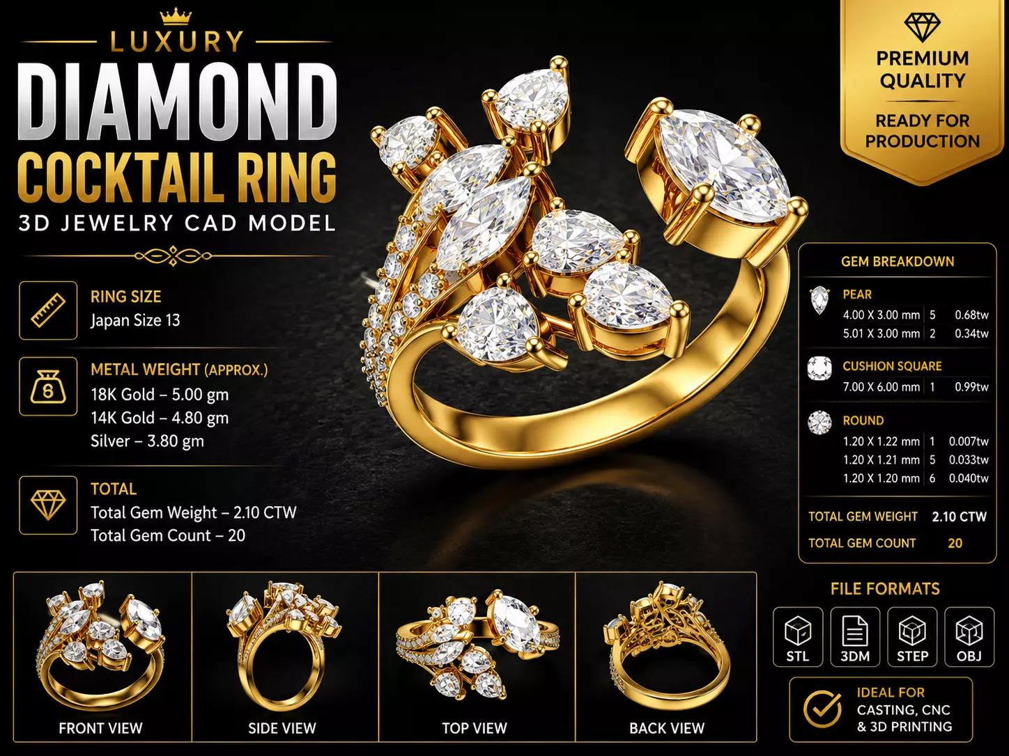 Luxury Diamond Cluster Ring 3D Model Marquise Cocktail Ring CAD Free 3D print model