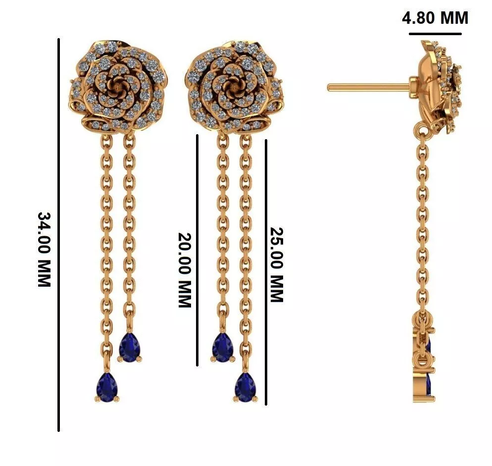 Yellow Gold Diamond Rose Dangle Earrings with Pear-Cut Blue Low-poly 3D model