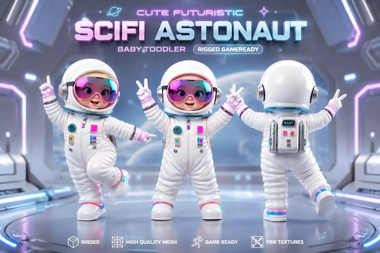 Cute Futuristic Sci-Fi Astronaut Baby Toddler Rigged Game Ready 3D model
