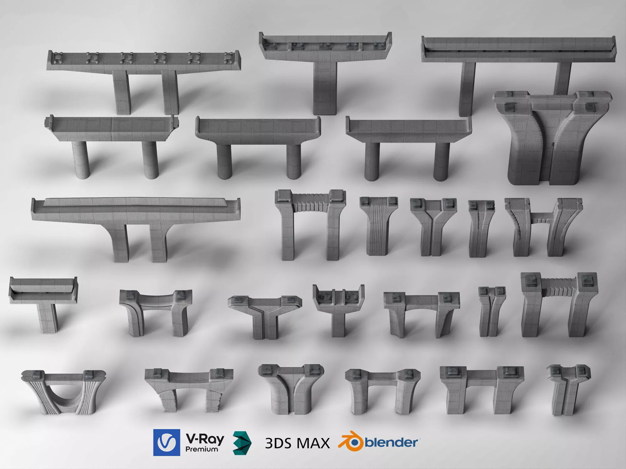 Modular Concrete Bridge Elements Collection 3D Model 3D model