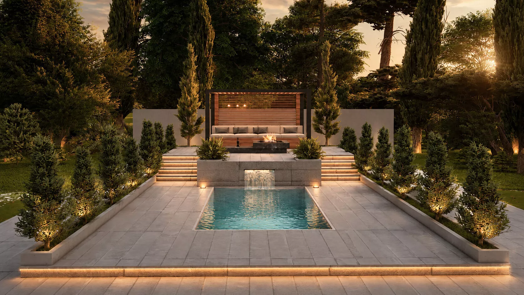 Modern Backyard Design with Pergola Pool Fire Pit 3D model