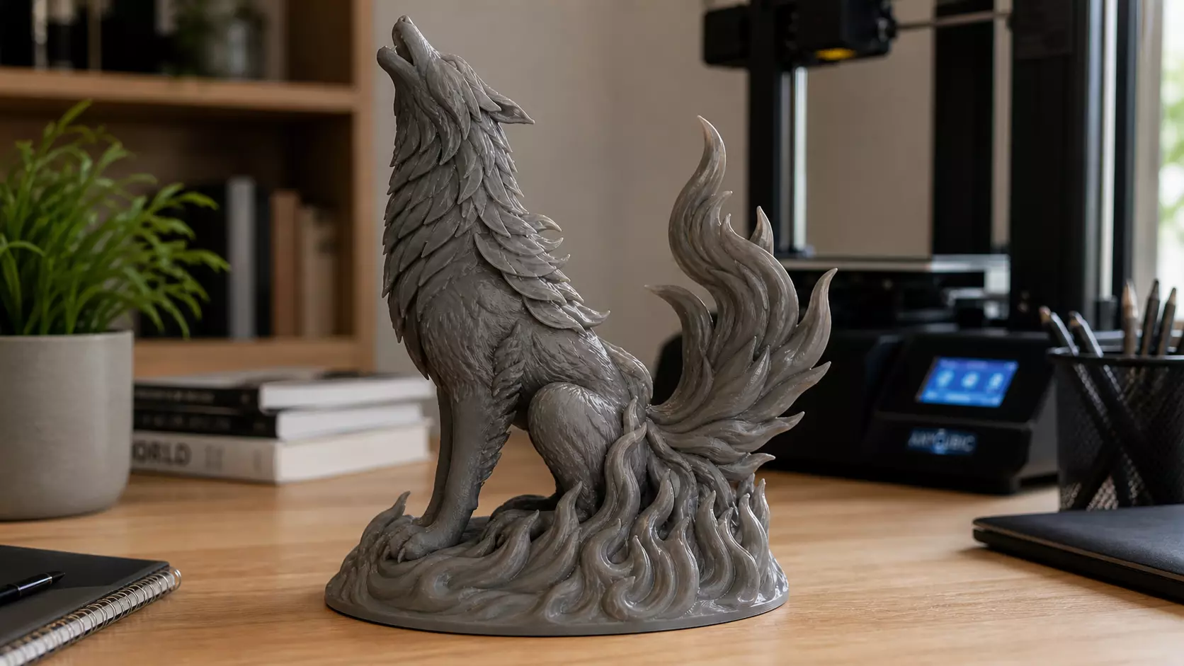 Howling Wolf Flame Tail Collectible Figurine Fantasy Statue 3D print model