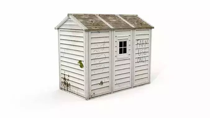 Abandoned white farm utility shed 