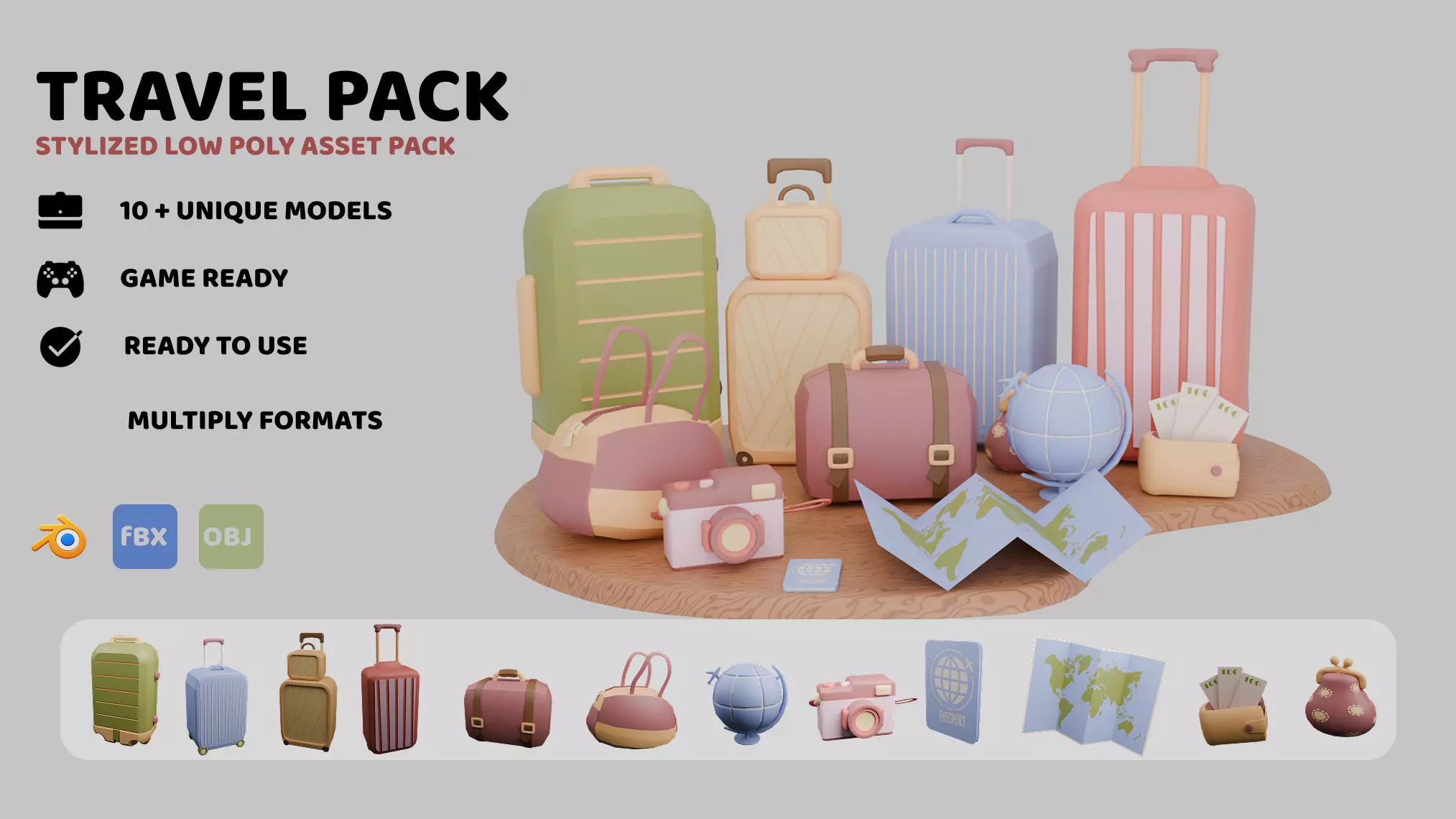 Stylized Travel Pack Low Poly Pastel 3D Assets Low-poly 3D model