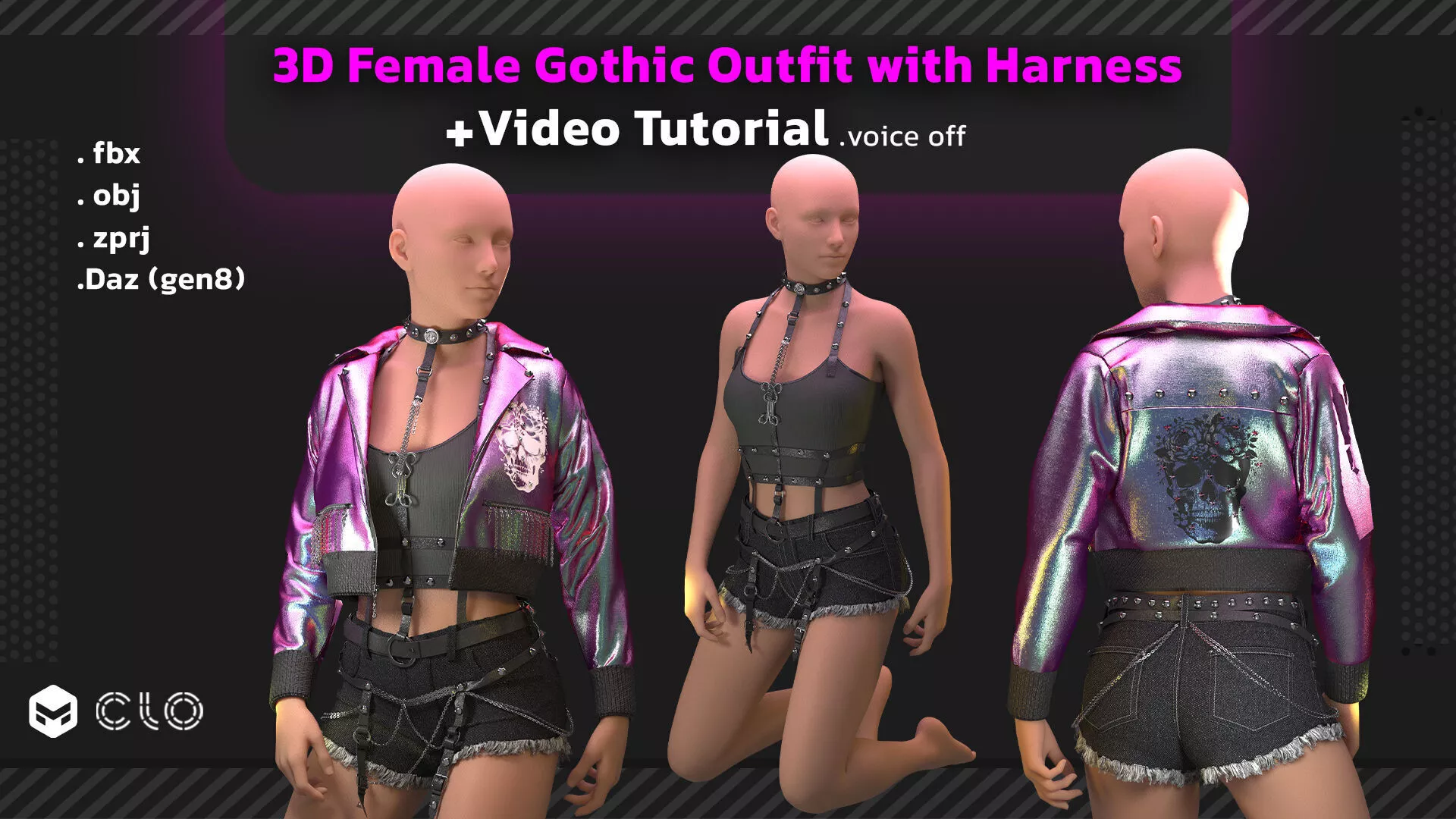 3D Female Gothic Outfit with Harness OBJ FBX zprj Low-poly 3D model